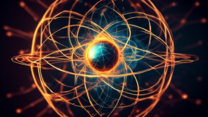 An abstract illustration representing the core of an atom as a powerful source of energy. Depict the atom as a small glowing sphere with an intricate netwo