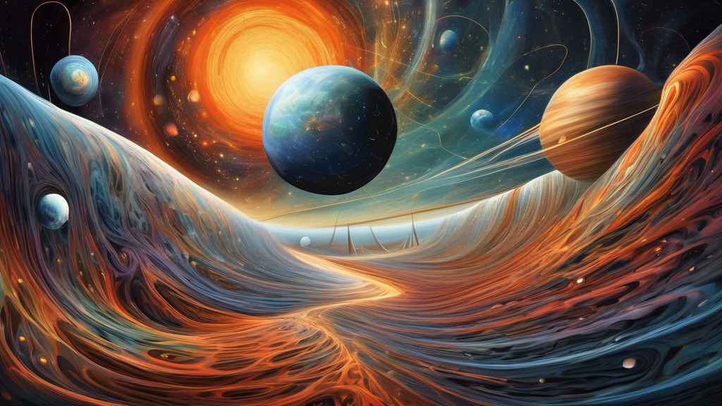 Surreal and abstract cosmic landscape illustrating the theory of general relativity, depicting how gravity warps spacetime around massive objects and influ