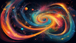 An abstract illustration of the fundamental particles that make up matter, with swirling colors and energetic lines representing the interactions and force